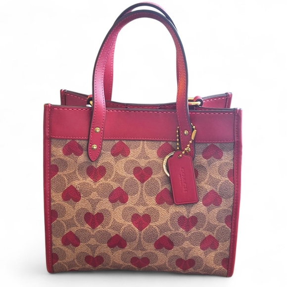 Coach Rogue 25 Tote Heart Print Signature Canvas Red Leather Trim - Picture 1 of 14